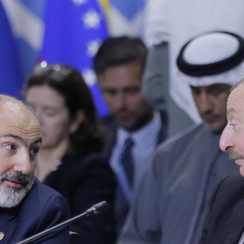 Azerbaijan's President Ilham Aliyev and Armenia's Prime Minister Nikol Pashinyan attend a plenary session at the BRICS summit, in Kazan, Russia, on October 24, 2024. (Photo by Maxim Shmetov/AFP via Getty)