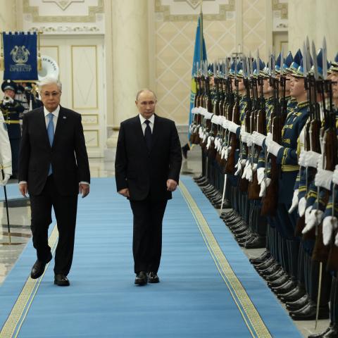 Russian President Vladimir Putin (R) and Kazakh President Kassym-Jomart Tokayev (L) attend a welcoming ceremony prior to their talks at the Ak Orda Presidential Palace, November 27, 2024, in Astana, Kazakhstan. Putin is meeting with Kazakh counterpart Kassym-Jomart Tokayev in the capital, a day before he is expected to attend the Collective Security Treaty Organization (CSTO) summit in Astana. (Photo by Contributor/Getty Images)