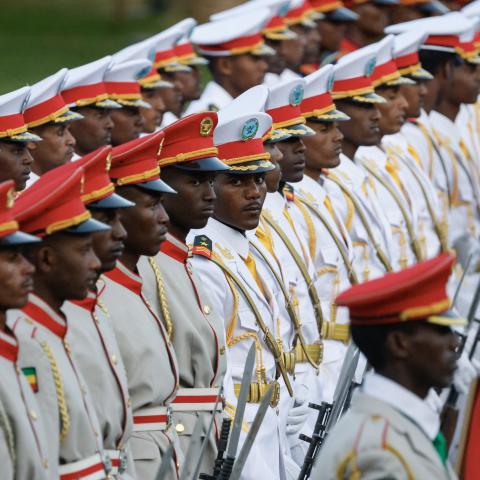 Ethiopian Republican Guards await the arrival of the French president and Ethiopian prime minister, who visited the National Palace in Addis Ababa on December 21, 2024. (Ludovic Marin via Getty Images)