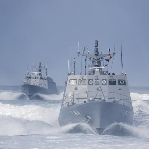 Two KH-6 Fast Attack Missile Boats sail in formation during a combat readiness exercise at the Zuoying Naval Base in Kaohsiung on January 9, 2025. (Photo by I-Hwa Cheng / AFP) (Photo by I-HWA CHENG/AFP via Getty Images)