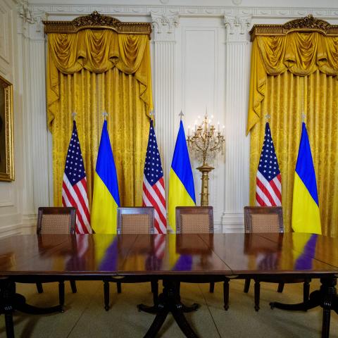 A signing table remains in the East Room after Ukrainian President Volodymyr Zelensky leaves the White House early on February 28, 2025, in Washington, DC. (Andrew Harnik via Getty Images)