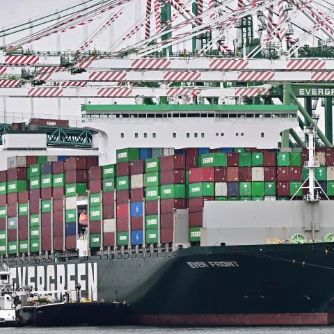 A cargo ship full of containers docks at the Port of Los Angeles, on March 5, 2025, in San Pedro, California. (Frederic J. Brown/ AFP via Getty) 