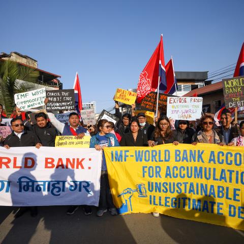  Climate activists demonstrate in Kathmandu, Nepal, on March 14, 2025, demanding $5 trillion in climate reparations for Global South countries. (Subaas Shrestha/NurPhoto via Getty Images)