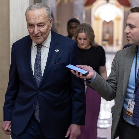 Senate Minority Leader Chuck Schumer walks in Statuary Hall on March 14, 2025, in Washington, DC. (Tasos Katopodis via Getty Images)