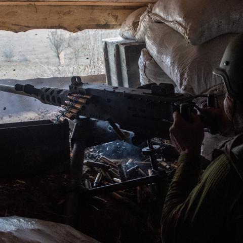 A Ukrainian soldier fires an M2 Browning machine gun during training near Donbas, Ukraine, on March 20, 2025. (Thomas Krych/Anadolu via Getty Images)