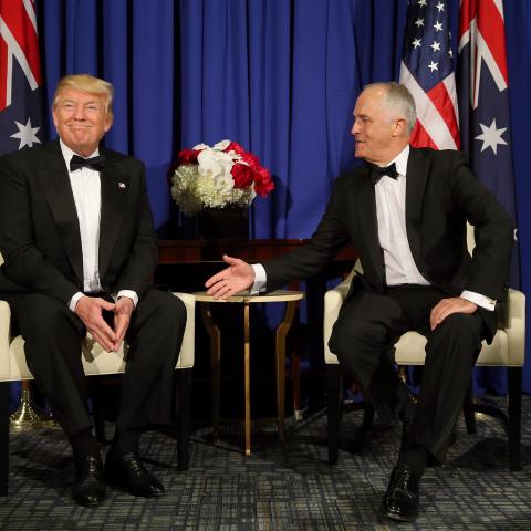 President Donald Trump meets with Australian Prime Minister Malcolm Turnbull during a bilateral meeting on the USS Intrepid in New York on May 5, 2017. (Nathan Edwards/Newspix via Getty Images)