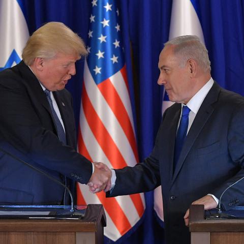 US President Donald Trump and Israel's Prime Minister Benjamin Netanyahu shake hands after delivering press statements before an official dinner in Jerusalem, on May 22, 2017. (Ngan Mandel/AFP via Getty Images)