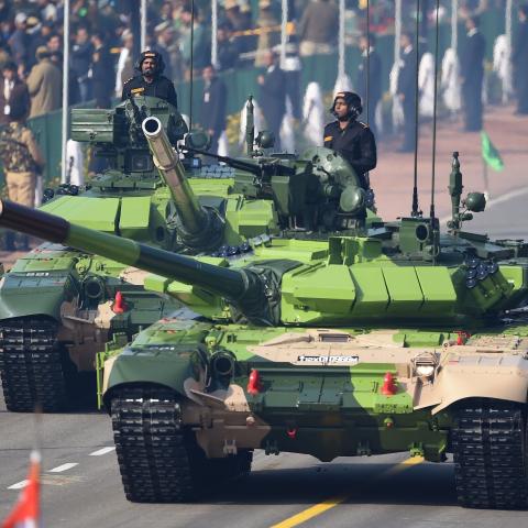Indian soldiers in T-90 Bhishma battle tanks take part in a Republic Day parade in New Delhi on January 26, 2019. (Getty Images)