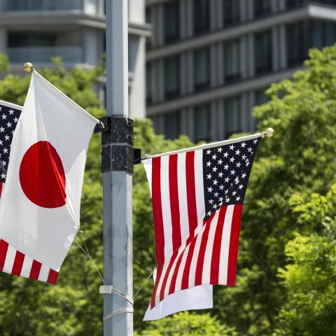 U.S. and Japanese national flags are displayed outside Palace Hotel Tokyo on May 25, 2019, in Tokyo, Japan. U.S President Donald Trump will arrive later today for a four-day state visit to Japan, the first official visit of the Reiwa era. Alongside a number of engagements, Mr Trump is expected to watch a sumo match, attend an imperial banquet with newly-enthroned Emperor Naruhito and meet with families of North Korean abductees. (Photo by Tomohiro Ohsumi/Getty Images)