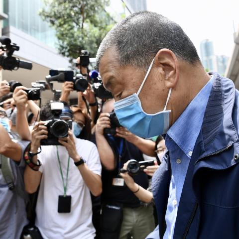 Jimmy Lai Chee-ying arrives at the West Kowloon Magistrates' Courts of the Hong Kong Special Administrative Region before a hearing in his case on May 18, 2020, in Hong Kong, China. (Li Zhihua/China News Service via Getty Images)