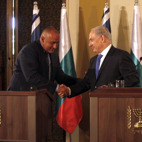 Benjamin Netanyahu and his counterpart Boyko Borisov shake hands during a press conference on September 11, 2012, in Jerusalem, Israel. (Gali Tibbon via Getty Images)