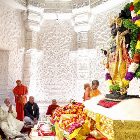 Indian Prime Minister Narendra Modi attends the inauguration of grand Ram temple's Pran Pratishtha ceremony in the northern Ayodhya, India, on January 22, 2024. (Imtiyaz Khan/Anadolu via Getty Images)