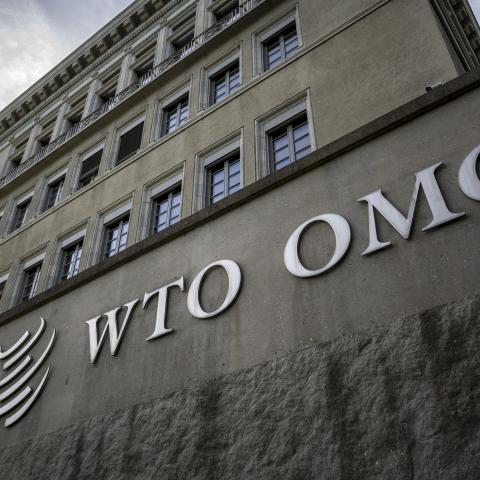 The logo of the World Trade Organization at its headquarters on February 5, 2024, in Geneva, Switzerland. (Getty Images)