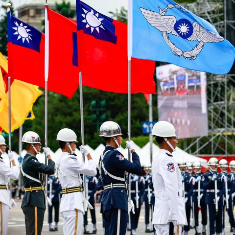 Taiwanese honour guards perform during the Taiwan National Day celebrations, in Taipei, Taiwan, on October 10, 2024. The National Day celebrations, known as the 'double-ten" locally, come at a time of heightening tensions between China and Taiwan as Beijing increasing its military presence in and around the Taiwan Strait with warships, fighter jets and live-fire exercises. (Photo by Daniel Ceng/Anadolu via Getty Images)
