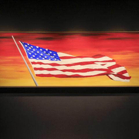 Ed Ruscha's American Georges' Flag is on display during a media preview at Sotheby's, in New York, on November 8, 2024.  (Kena Betancur/AFP via Getty Images)