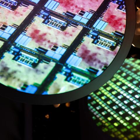 An image of an electronic wafer is displayed at the Taiwan Semiconductor Manufacturing Company Museum of Innovation in Hsinchu, Taiwan, on November 21, 2024. (I-Hwa Cheng/AFP via Getty Images)