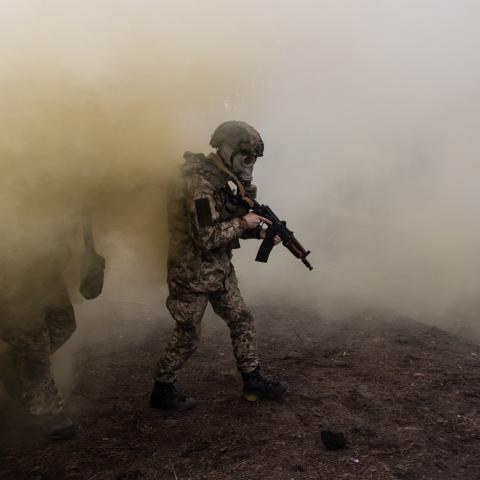 Ukrainian soldiers get training in case of a gas attack on March 13, 2025, in Dnipropetrovsk, Ukraine. (Paula Bronstein via Getty Images)