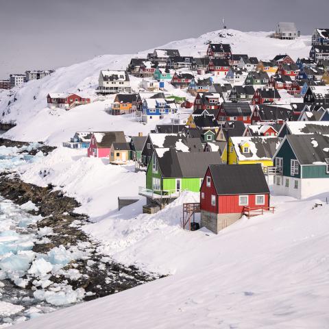 Traditional Greenlandic housing is seen from the Myggedalen viewpoint on March 28, 2025, in Nuuk, Greenland. (Leon Neal via Getty Images)