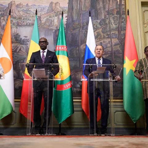 Nigerien Foreign Minister Bakary Yaou Sangaré, Malian Foreign Minister Abdoulaye Diop, Russian Foreign Minister Sergei Lavrov and Burkinabe Foreign Minister Karamoko Jean-Marie Traoré attend a joint press conference following a meeting with foreign ministers of the Confederation of Sahel States in Moscow on April 3, 2025. (Pavel Bednyakov via Getty Images)