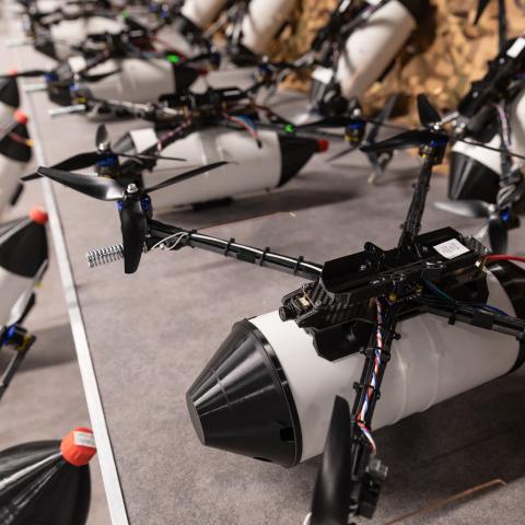 A batch of fiber-optic drones are seen before being handed over to the Ukrainian armed forces in Kyiv, Ukraine, on April 1, 2025. (Mykhaylo Palinchak via Getty Images)