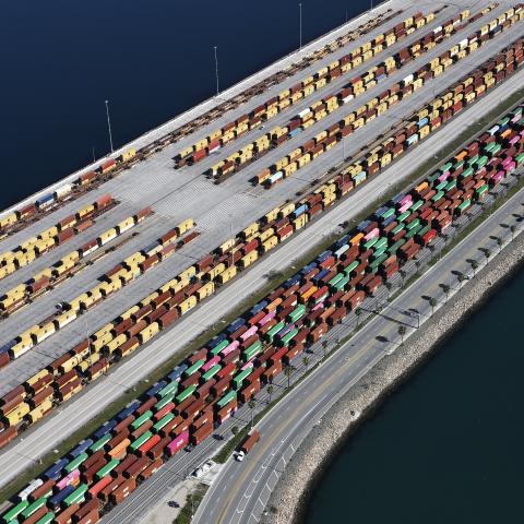 An aerial view of shipping containers at the Port of Los Angeles on April 3, 2025, in Los Angeles, California. (Mario Tama via Getty Images)