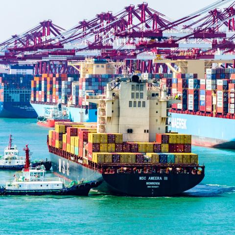 A cargo ship moves through the Qingdao Qianwan Container Terminal, on April 5, 2025 ,in Qingdao, China. (Getty Images)