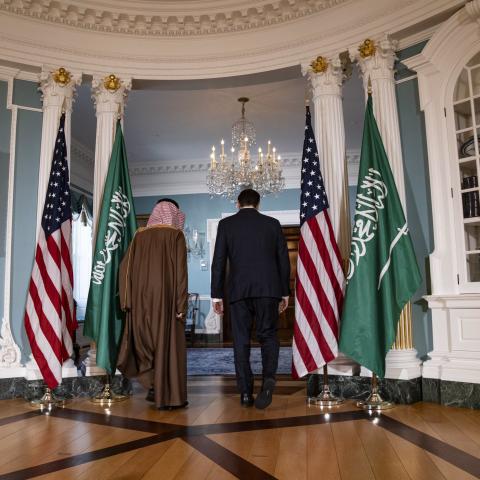 US Secretary of State Marco Rubio and Saudi Foreign Minister Faisal bin Farhan Al Saud walk away after a photoshoot at the US Department of State, in Washington, DC, on April 9, 2025. (Photo by Andrew Thomas/Middle East Images via AFP) 