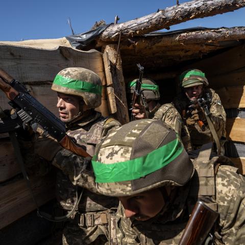 Ukrainian soldiers train in the Lyman direction of Donetsk region, Ukraine, on April 21, 2025. (Jose Colon via Getty Images)