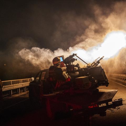 Ukrainian soldiers fire at drones near Lyman, Ukraine, on April 24, 2025. (Getty Images)