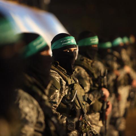 Palestinian members of the Ezzedine al-Qassam Brigades, the armed wing of the Hamas movement, take part in a gathering on January 31, 2016, in Gaza City. (Mahmud Hams / AFP via Getty Images)