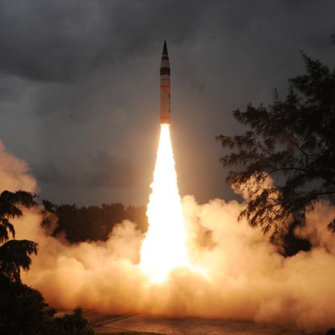 Indian missile test with nuclear capable Agni-5 missile that has a range of over 5,000 kilometres. (Pallava Bagla/Corbis via Getty Images)