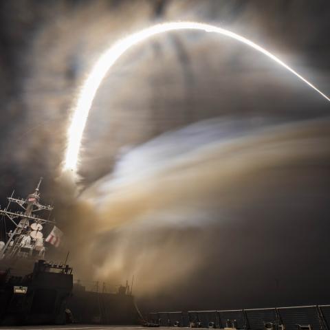 The guided-missile destroyer USS Carney launches land attack missiles on February 3, 2024. (US Navy)