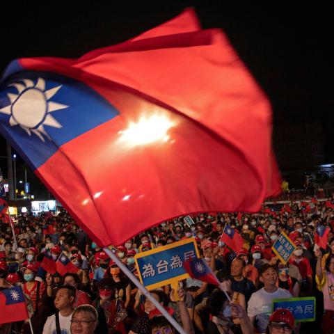Supporters of Terry Gou, the founder of tech giant Foxconn, attend a campaign rally in Kaohsiung on May 7, 2023. (Jameson Wu/AFP via Getty Images)