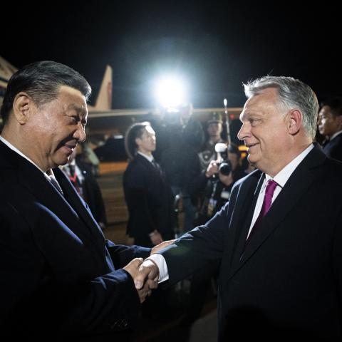 Chinese President Xi Jinping is greeted by Hungarian Prime Minister Viktor Orban as he arrives in Ferihegy, Hungary, on May 8, 2024. (Photo by Vivien Cher Benko/AFP via Getty Images)