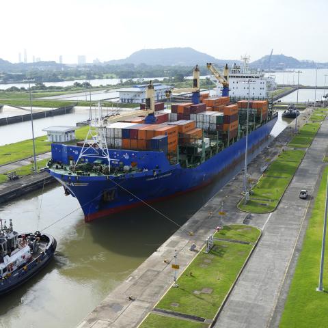 A cargo ship and tugboat sail through the Cocoli Locks in the Panama Canal on August 12, 2024. (Getty Images)