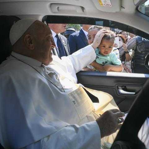 Pope Francis meets with beneficiaries of charitable organizations at the headquarters of the Indonesian Bishops’ Conference on September 5, 2024, in Jakarta, Indonesia. (Vatican Pool via Getty Images)