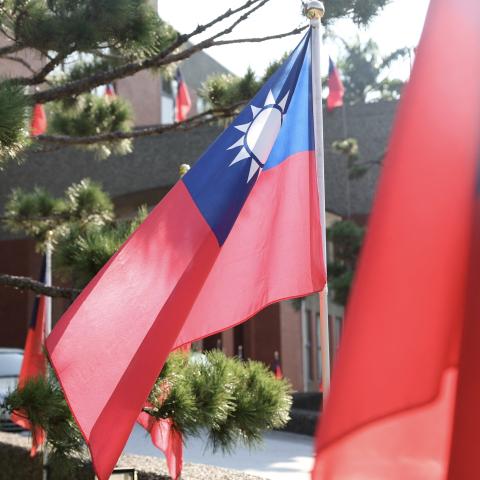 Taiwanese flags are seen on a street in Hsinchu, Taiwan, on October 14, 2024. (I-Hwa Cheng via Getty Images)