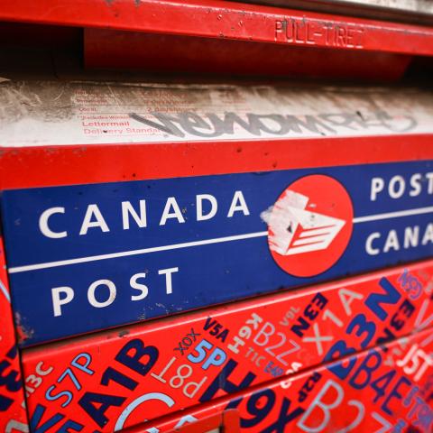 A Canada Post box along Jasper Avenue in downtown Edmonton, Alberta, Canada, on February 25, 2025. (Artur Widak via Getty Images)
