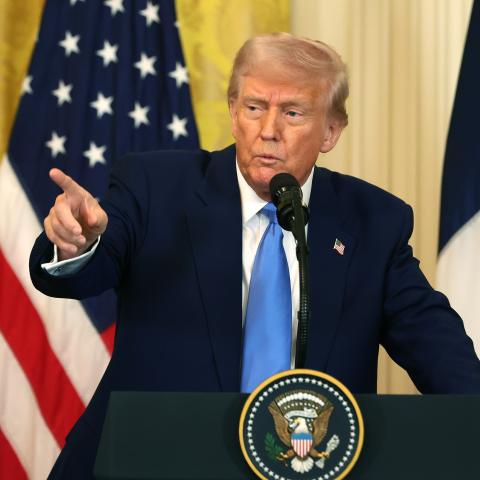 President Donald Trump delivers remarks during a joint press conference with French President Emmanuel Macron on February 24, 2025, in Washington, DC. (Getty Images)