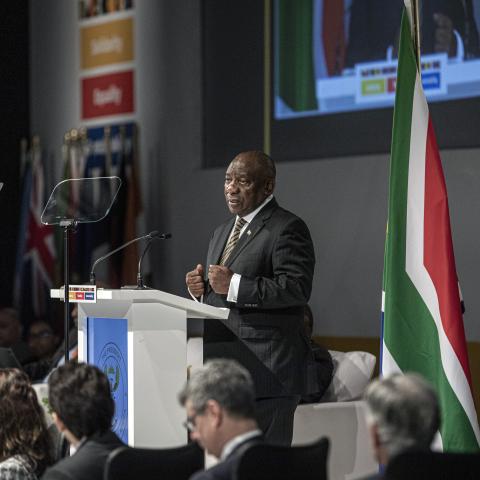 South African President Cyril Ramaphosa speaks at the G-20 finance track meetings on February 26, 2025, in Cape Town, South Africa. (Getty Images)