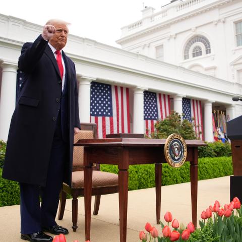 US President Donald Trump reacts after signing executive orders imposing tariffs on imported goods in the Rose Garden at the White House on April 2, 2025, in Washington, DC. (Andrew Harnik via Getty Images)