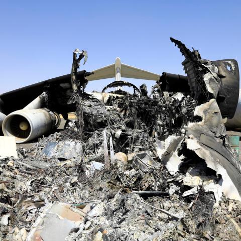 A destroyed aircraft at Khartoum International Airport in Sudan is seen on April 17, 2025, after the Sudanese Armed Forces took control of the airport from the Rapid Support Forces. (Getty Images)