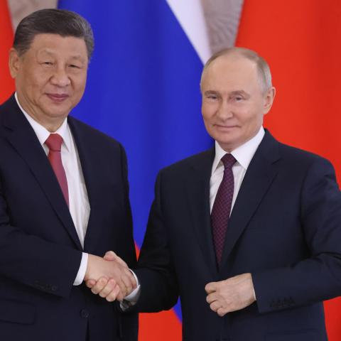 Russian President Vladimir Putin shakes hands with Chinese President Xi Jinping during their meeting at the Grand Kremlin Palace on May 8, 2025, in Moscow, Russia. (Getty Images)