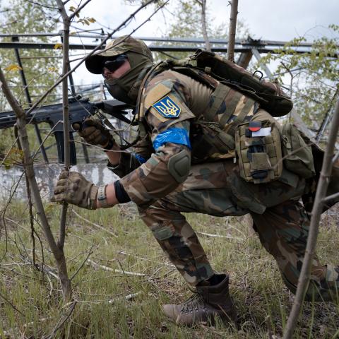 Civilians and veterans of the Russian-Ukrainian war participate in a training game led by experienced servicemen of the 3rd Assault Brigade in Kyiv, Ukraine, on May 10, 2025. (Getty Images)