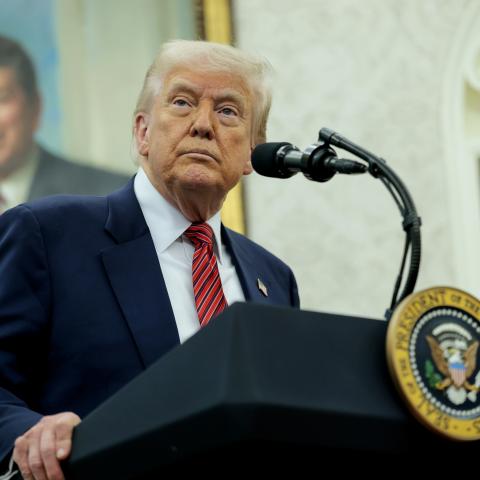 President Donald Trump speaks during a swearing-in ceremony for new US Ambassador to China David Perdue in the Oval Office on May 7, 2025, in Washington, DC. (Getty Images)