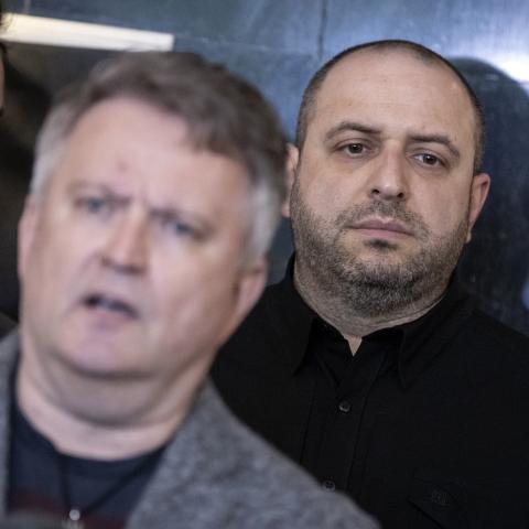 Ukraine’s top negotiator and Defense Minister Rustem Umerov looks on as Ukraine Deputy Foreign Minister Sergiy Kyslytsya speaks to journalists after a meeting with the Russian delegates in Istanbul on May 16, 2025. (Getty Images)