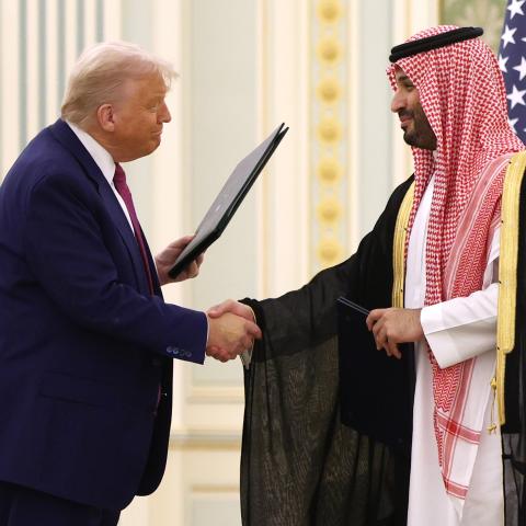 President Donald J. Trump and Saudi Crown Prince Mohammed bin Salman attend a signing ceremony at the Saudi Royal Court on May 13, 2025, in Riyadh, Saudi Arabia. (Win McNamee via Getty Images)