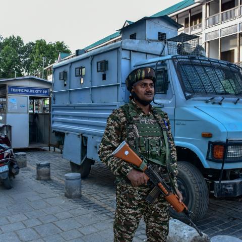 An Indian paramilitary trooper stands alert in Srinagar on May 10, 2025. (Saqib Majeed via Getty Images)