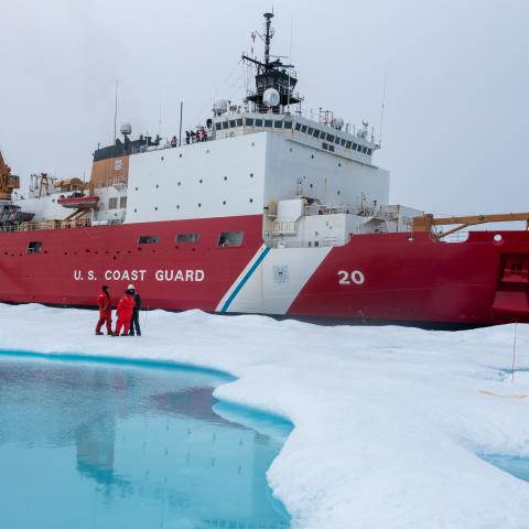 USCGC Healy and crew keep station alongside a multi-year ice floe for a science evolution in the Beaufort Sea on August 9, 2023. (US Coast Guard)