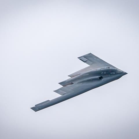 A US Air Force B-2 Spirit bomber performs a fly-over during the Speed of Sound Airshow at Rosecrans Air National Guard Base in St. Joseph, Missouri, on September 14, 2024. (U.S. Air National Guard)
